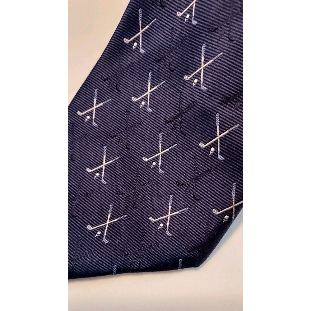 IZOD Silk Tie Navy Blue White Novelty Golf Clubs Pattern Sports Preppy 62" Long